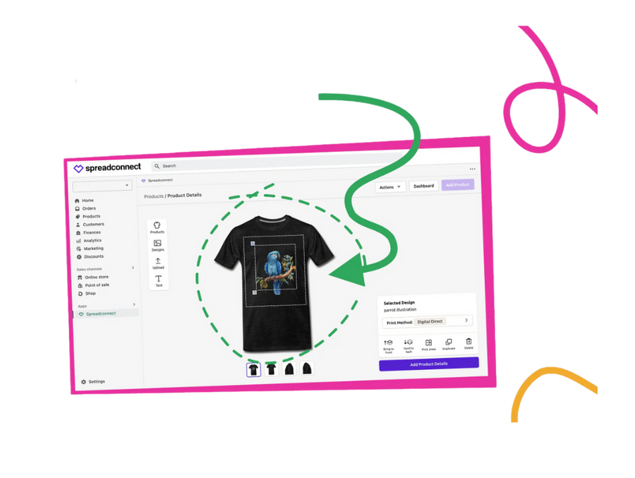 screenshot of t-shirt customization on spreadconnect backend